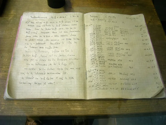 Caderno aberto de Otto Hahn, com anotações manuscritas e cálculos em páginas quadriculadas