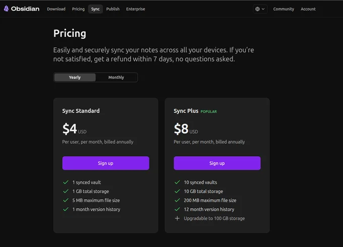 Captura da página de preços do Obsidian Sync, comparando os planos Sync Standard e Sync Plus na cobrança anual